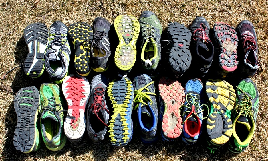 A selection of trail running shoes on Road Shoes vs trail Shoes
