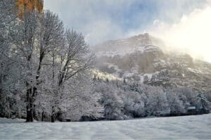 A view of the Ordesa National park which resembles Narnia and is our introduction on our Snowshoeing Holidays Pyrenees