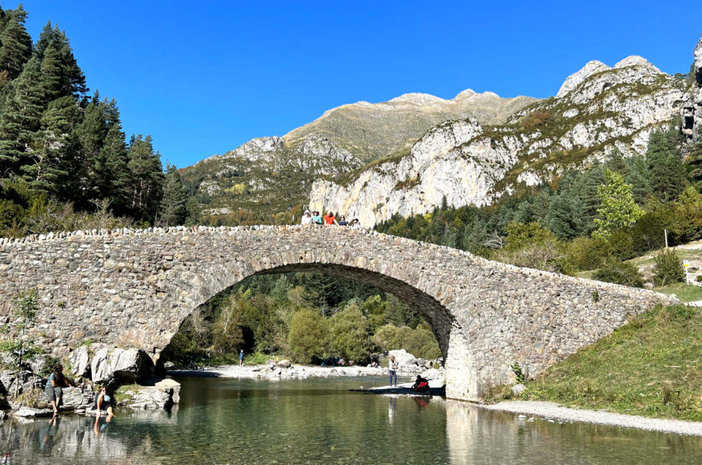 A photo of students on a medieval bridge close to the Ordesa National Park on our Spanish Language Walking Holiday Advanced Level