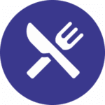 A dark blue icon with a white knife and fork representing the fact that our Cooking Holidays Spain in the Spanish Pyrenees with Aragon Active are fully inclusive