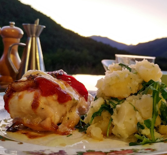 A gourmet dish of roasted pepper chicken served on the terrace on our Cooking Holidays Spain with Aragon Active in the Spanish Pyrenees in a review from a guest