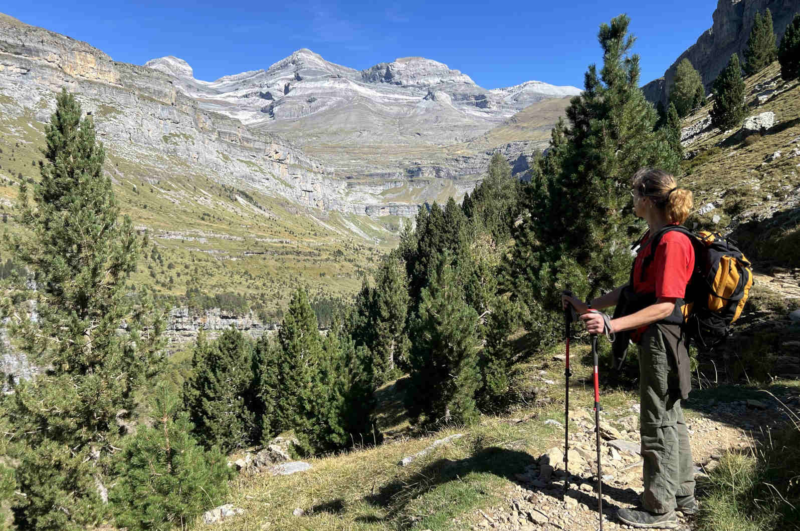 Lucy high up in the valley of Ordesa looking at Monte Perdido in Spanish Pyrenees on our Walking Holidays in Spain with Aragon Active small group holidays